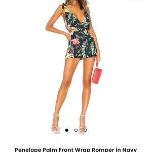 Penelope Palm Front Wrap Romper in Navy superdown